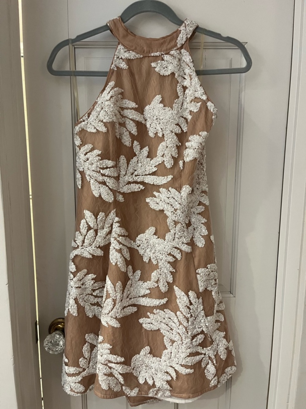DO+BE Tan Mini Dress with White Floral Appliqué